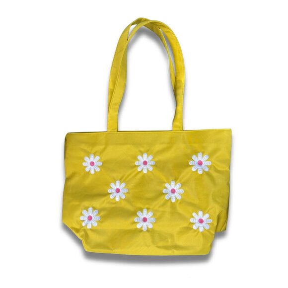 Yellow Embroidered Daisy Tote Bag With Matching Pouch - Picture 3 of 5